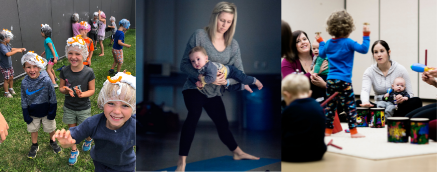 kids outside at camp and a mom doing yoga with her baby.