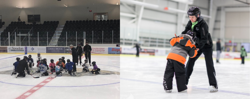 Kids in a group learning to skate on ice. 